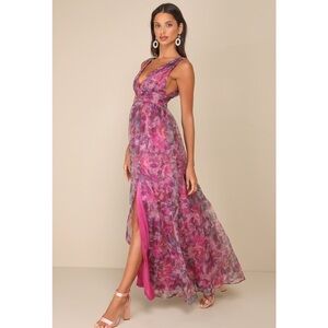 Lulus Garden Romance Magenta Floral Organza V-Neck Side Slit Maxi Dress NWT XL
